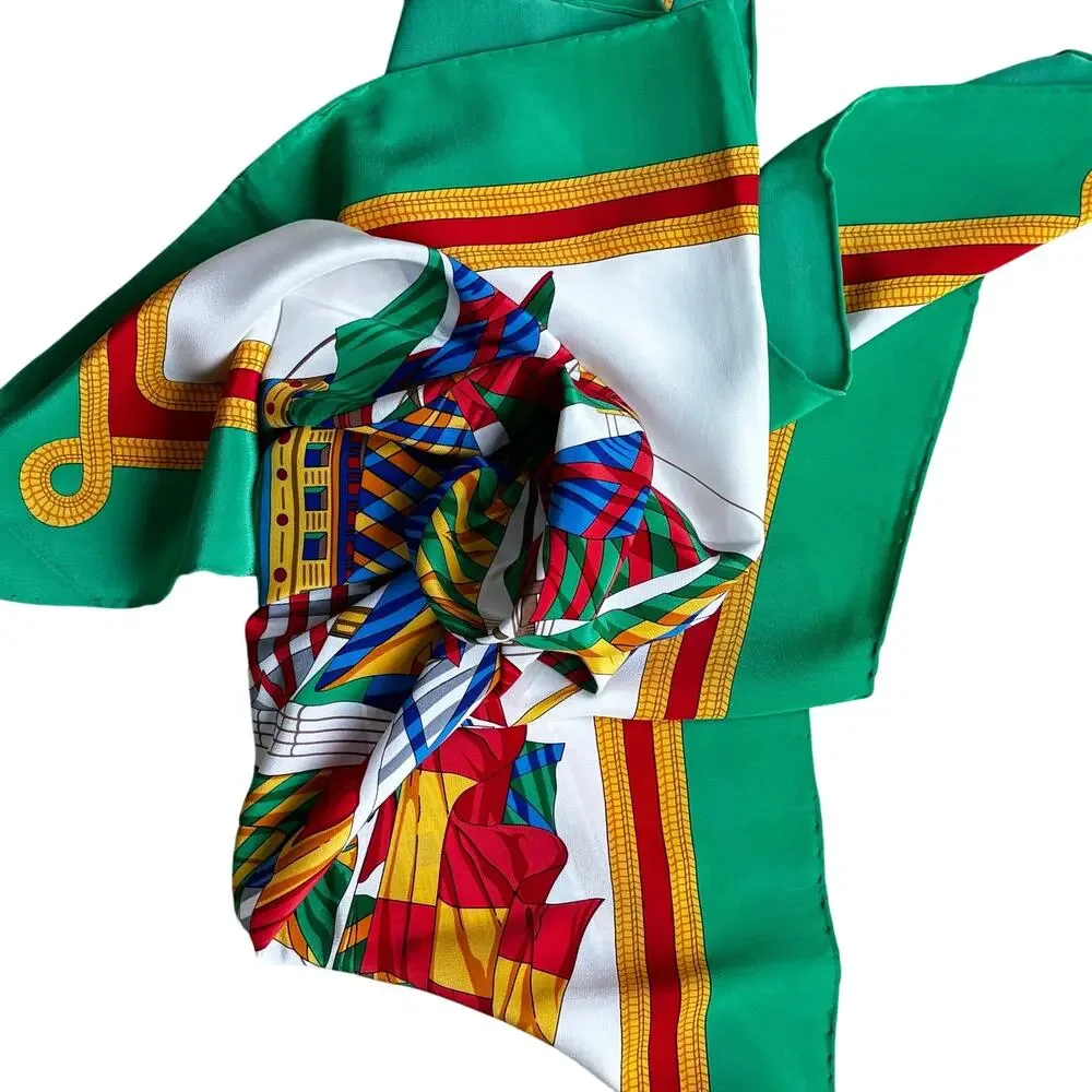 Vintage silky scarf multicolor green white sailing ship flagship motif colorful